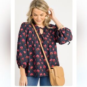 Umgee Navy and Pink Floral Blouse